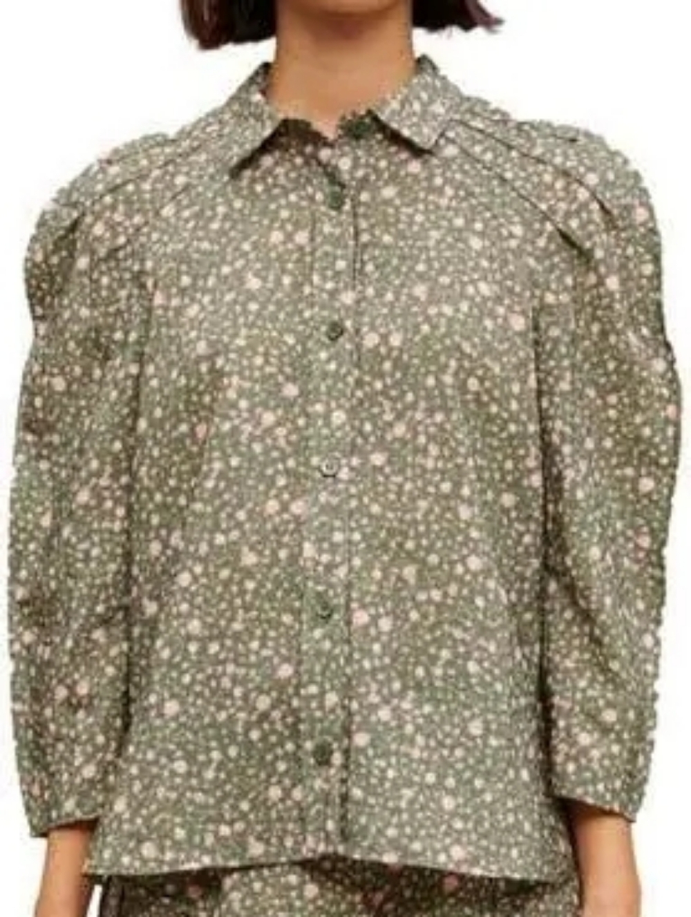 Maje NWT Size 4 (T1) Floral Button-Up Top in Olive and Pink